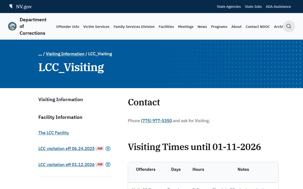 Lovelock Correctional Center inmate visiting schedule