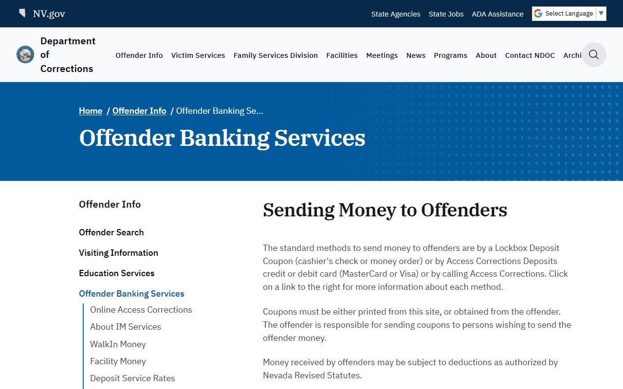 Lovelock Correctional Center NDOC offender banking information
