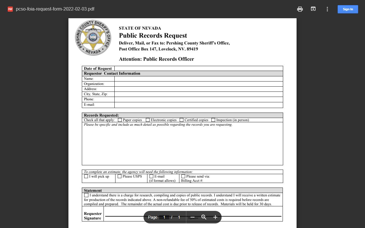 Pershing County Jail public records request form for booking records